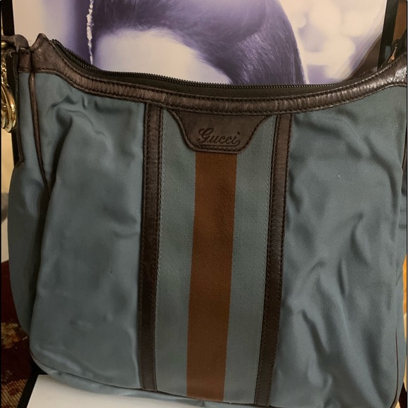 Gucci Blue/Brown Nylon & Leather Vintage Web Hobo - Picture 5 of 15